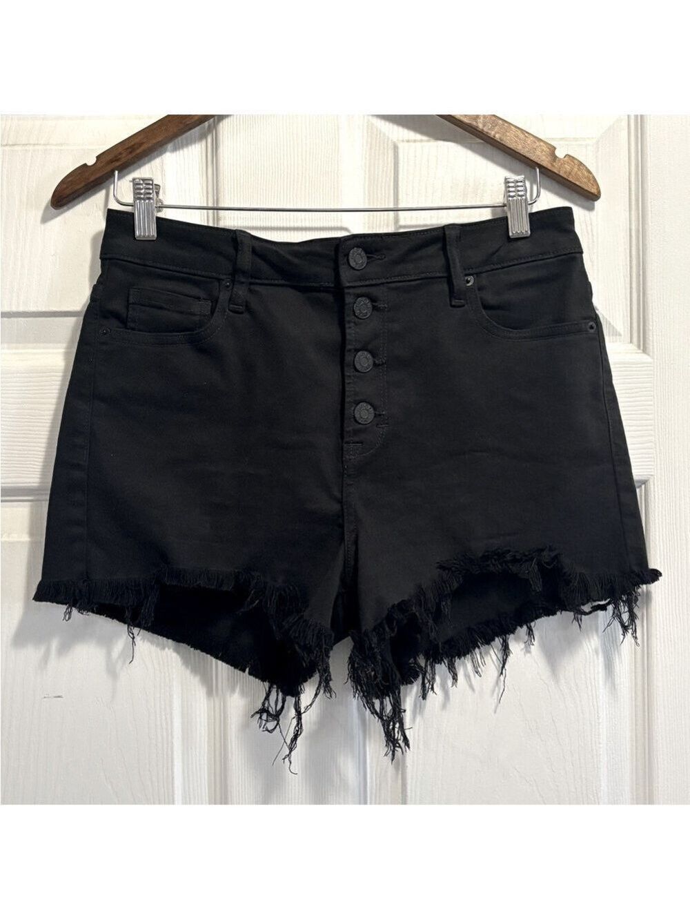 HIDDEN High Rise Black Frayed Hem Shorts Soft Stretchy Jean Denim Large 12 / 14